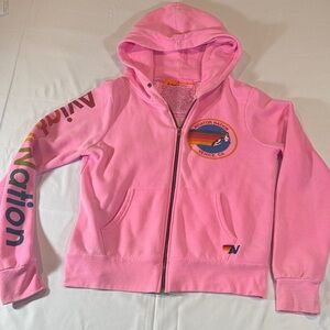 Aviator Nation Kids Pink Zip Hoodie with Rainbow Logo
